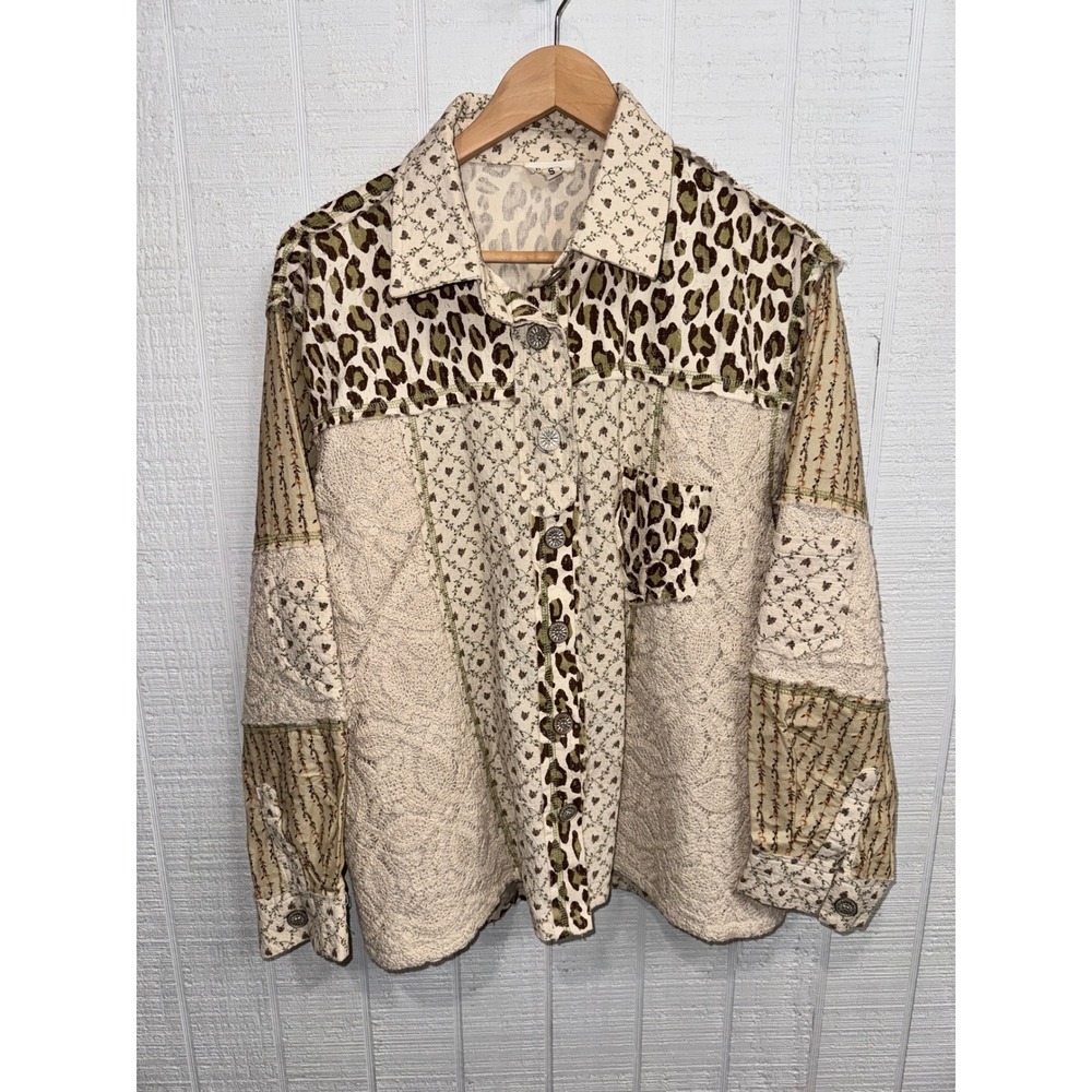 POL Patchwork Shacket Womens Small Leopard Floral Quilted Button Up YKT1598 S